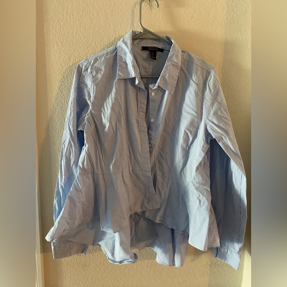 Peplum striped collared button down work shirt. High low